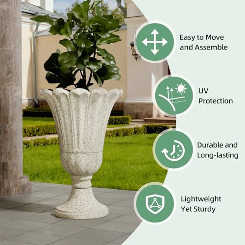 Tall Plastic Urn Planters and Pedestal - 24" Outdoor Planter Beige - color: Yellowish Beige-petal