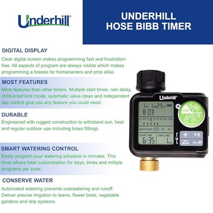 Underhill AquaVision Digital Hose Timer, Dual Zone Automatic Garden Water Timer with LCD Display, Programmable Irrigation Controller for Sprinklers, Drip Systems & Garden Hose Faucets - color: Dual Zone Digital Hose Timer