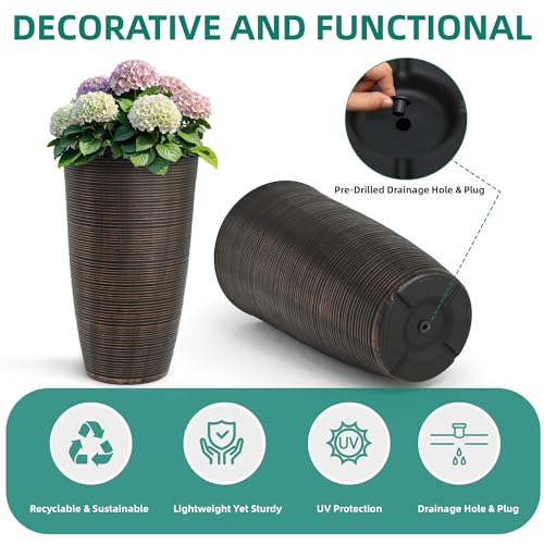 24" Large Outdoor Planters for Plants,Bronze Plastic Tall Flower Pots - color: 23.5" Pp-brushed Bronze