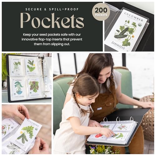 Seed Storage Binder – Garden Seed Organizer with 50 Sheet Protectors, 5 Dividers & Flap-Top Inserts - Stores 200 Seed Packets - Seed Saver Binder for Gardeners