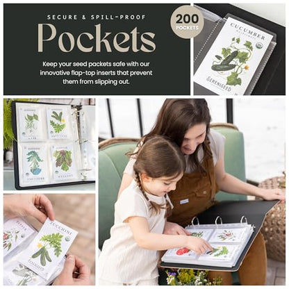 Seed Storage Binder – Garden Seed Organizer with 50 Sheet Protectors, 5 Dividers & Flap-Top Inserts - Stores 200 Seed Packets - Seed Saver Binder for Gardeners