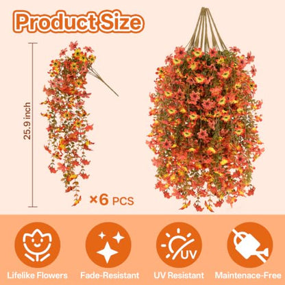 6 Pcs Artificial Hanging Mums for Outdoors, UV Resistant Fake Fall Flowers - color: Yellow Orange