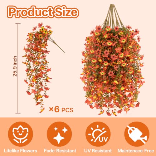 6 Pcs Artificial Hanging Mums for Outdoors, UV Resistant Fake Fall Flowers - color: Yellow Orange