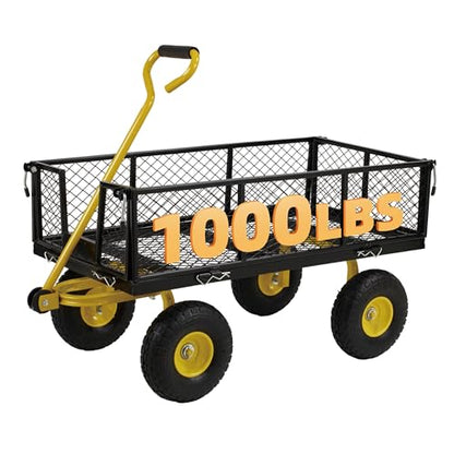 Finnhomy Heavy Duty 1000 Lbs Capacity Mesh Steel Garden Cart, Pullable Garden Wagons Carts on Wheels, Folding Utility Wagon with Removable Sides for Outdoor, Yard, Lawn, Yellow - color: Yellow