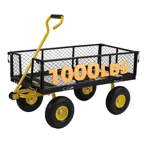 Finnhomy Heavy Duty 1000 Lbs Capacity Mesh Steel Garden Cart, Pullable Garden Wagons Carts on Wheels, Folding Utility Wagon with Removable Sides for Outdoor, Yard, Lawn, Yellow - color: Yellow