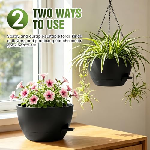 12 Inch Large Self Watering Hanging Planters 2 Pack with Saucers - color: Black, size: 12 Inch 2 Pack