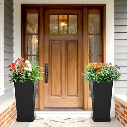 TUYOHW 24 Inch Tall Tapered Square Planters (Set of 2) - Indoor Outdoor Large Flower Pots with Built-in Drainage & Matching Water Tray for Patio, Garden, Home - Black - color: Black