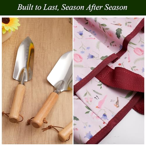 VerdantVibes Gardening Tools Set - 10 Piece Stainless Steel Garden Tools with Wood Handle, Pruners & Romantic Pink Floral Tote Bag - Cute Heavy Duty Gardening Gifts for Women Mom Wife - color: Pink