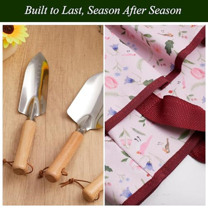 VerdantVibes Gardening Tools Set - 10 Piece Stainless Steel Garden Tools with Wood Handle, Pruners & Romantic Pink Floral Tote Bag - Cute Heavy Duty Gardening Gifts for Women Mom Wife - color: Pink