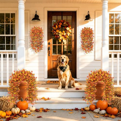 6 Pcs Artificial Hanging Mums for Outdoors, UV Resistant Fake Fall Flowers - color: Yellow Orange