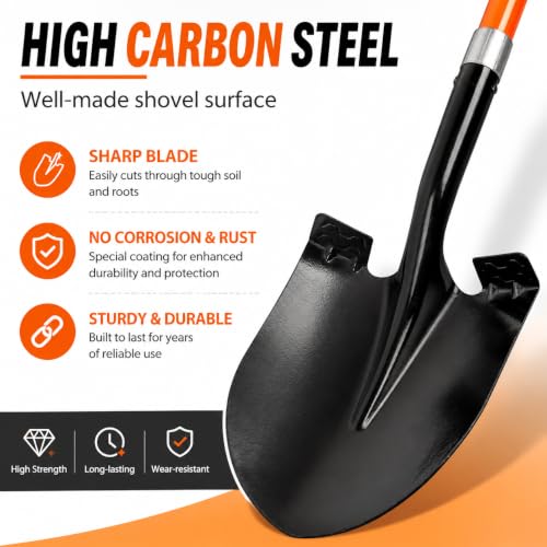 VNIMTI Heavy Duty Gardening Shovel, 56 Inch Round Blade with Fiberglass Handle (Orange) - color: Orange