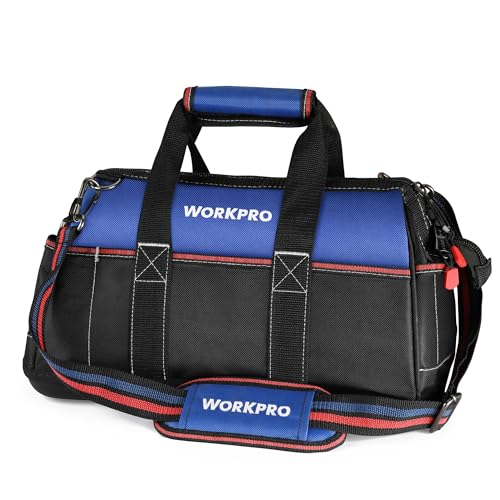 WORKPRO 16-inch Wide Mouth Tool Bag with Water-Proof Molded Base - color: Blue & Red