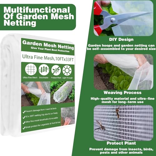 Garden Mesh Netting Kit, 10x33FT Ultra Fine Mesh Netting with 6 Sets Fiberglass Garden Hoops & 12 Clips for Tree Fruit Barrier Vegetable Fruits Flowers Shrubs Plant Covers Net