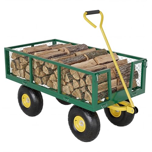 Heavy Duty Steel Garden Cart, 900 Lbs Capacity Utility Wagon with Removable Mesh Sides, 10" Pneumatic All-Terrain Tires & 180° Swivel Handle, Folding Flatbed Yard Cart for Garden, Lawn, Farm, Camping - color: Green Yellow, size: 900 lbs