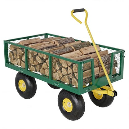 Heavy Duty Steel Garden Cart, 900 Lbs Capacity Utility Wagon with Removable Mesh Sides, 10" Pneumatic All-Terrain Tires & 180° Swivel Handle, Folding Flatbed Yard Cart for Garden, Lawn, Farm, Camping - color: Green Yellow, size: 900 lbs