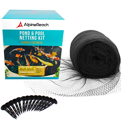 AlpineReach Koi Pond Netting Kit 28 x 30 ft Black Heavy Duty Woven Fine Mesh Net Cover for Leaves - Protects Koi Fish from Blue Heron Birds, Cats & Predators – Reusable & Stakes Included - color: Black, size: 28x30ft (Stakes Included)