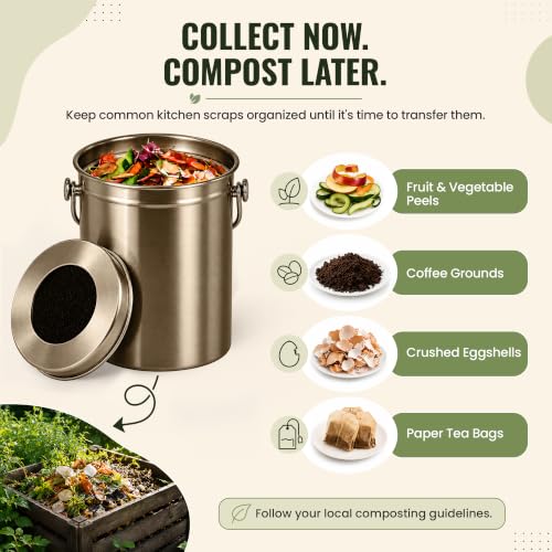 Epica Kitchen Compost Bin for Kitchen Countertops, 1.3 Galllon - Bronze - color: Bronze