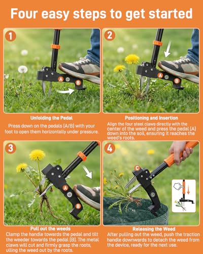 Stand Up Weed Puller Tool with Adjustable Long Handle and 50L Garden Bag