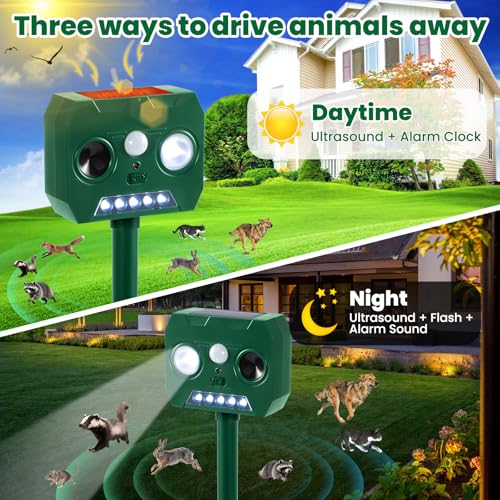 Solar Ultrasonic Animal Repellent Outdoor, 2 Pack Cat Squirrel Raccoon Bird Dog Deer Repellent Devices with PIR Motion Sensor ＆ LED Flash, Waterproof Animal Deterrent for Garden Yard Farm