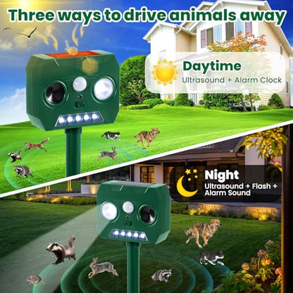 Solar Ultrasonic Animal Repellent Outdoor, 2 Pack Cat Squirrel Raccoon Bird Dog Deer Repellent Devices with PIR Motion Sensor ＆ LED Flash, Waterproof Animal Deterrent for Garden Yard Farm