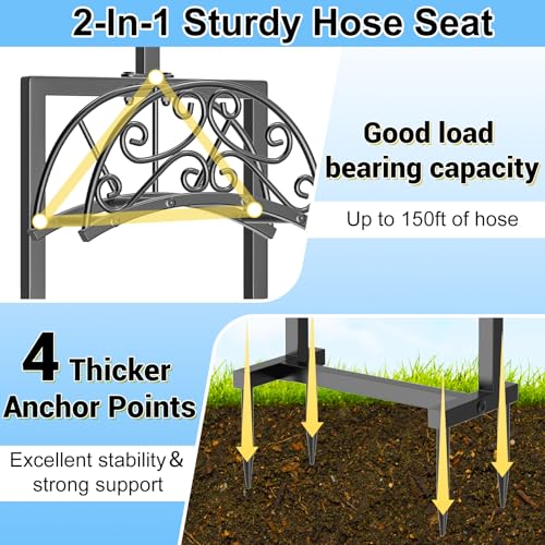 Garden Hose Holder, Freestanding Hose Reel Stand with Shepherd Hook - style: Floral with Shepherds Hooks