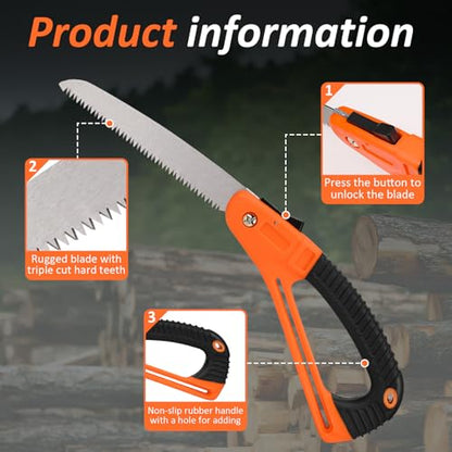 Folding Hand Saw - Heavy Duty Pruning Saw with SK5 Curved Blade,Folding Camping Saw for Trees Wood Cutting Camping Gardening Work, Hiking, Landscaping, Tree Trimming
