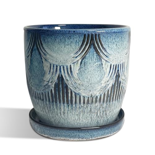 Plant Pots Indoor, Ceramic Planter, 6in Plant Pot, Plant Pots with Drainage Holes and Saucers, Flower Pots for Indoor Plants, Reactive Glaze Blue - size: 6in (BOHO)