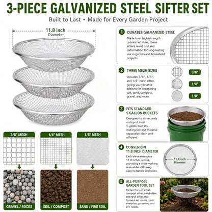 Soil Sifter for Garden Suitable for 5 Gallon Buckets (3 PCS 3/8in,1/4in,1/8in,) - size: 3/8 inch, 1/4 inch, 1/8 inch