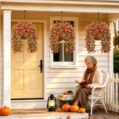 6 Pcs Artificial Hanging Mums for Outdoors, UV Resistant Fake Fall Flowers - color: Red Orange With Green Leaves