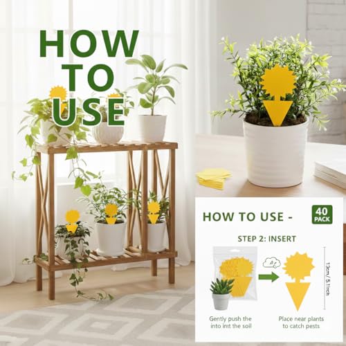40-Pack Yellow Sticky Fruit Fly Traps for Indoor and Outdoor Plants – Sun-Shaped Fungus Gnat Killer – Non-Toxic, Waterproof, Dual-Sided Adhesive Soil Insert Traps for Potted Plants and Gardens