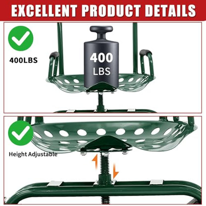 Rolling Garden Cart with Seat, Garden Workseat with 360-Degree Swivel - color: Green+backrest