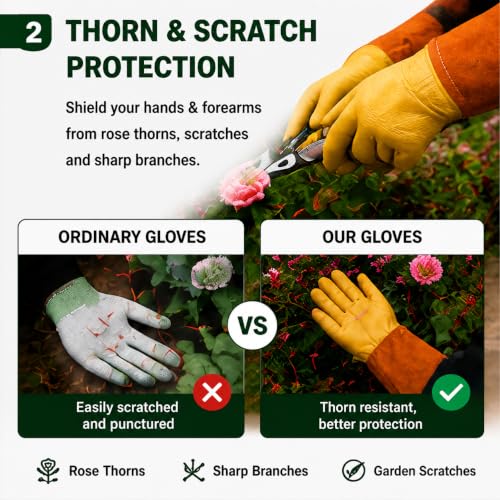 Thorn Resistant Garden Gloves for Men & Women, Premium Cowhide Leather Rose Pruning Gloves, Long Sleeve Gardening - size: Medium