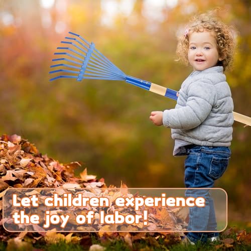 Kids Rakes with Hardwood Handle - Metal Kids Leaves Rakes, 28" Child Size Lawn Rakes with Vibrant Blue Heads, Garden Tool Set for Kids Boys and Girls - color: Blue