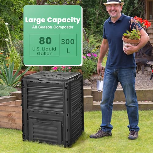 Outdoor Compost Bin, 80 Gallon Large Composting Box with Top Flip Latch-on Lid & Bottom Exit Door, Food Waste Container, Composter Barrel for Garden & Yard, Kitchen (All Black) - color: All Black