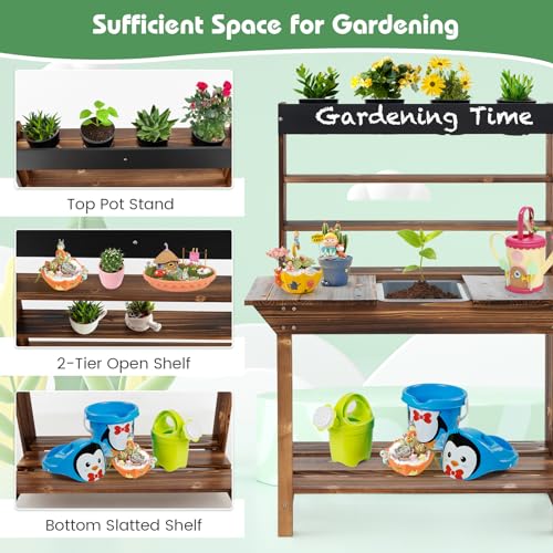 GLACER Potting Bench for Kids, Outdoor Wood Kids Garden Table with Removable Sink, Open Shelves, 4 Pots, Toy Gardening Center Playset, Kids Potting Table Mud Kitchen, Gift for Boys Girls Aged 3+