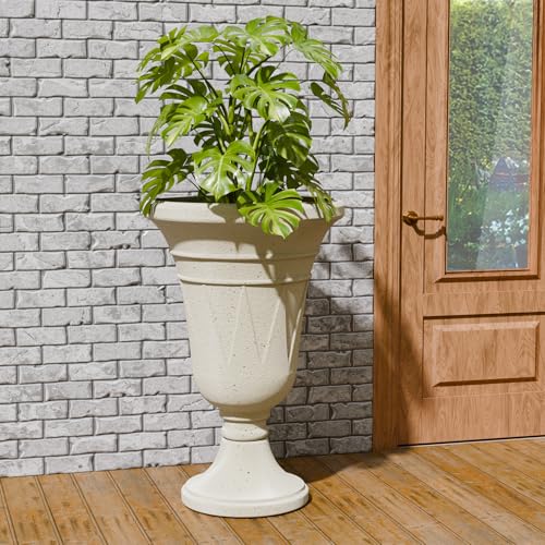 Tall Plastic Urn Planters and Pedestal - 24" Outdoor Planter Beige - color: White-trophy