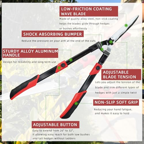 YRTSH Hedge Shears, Extendable 26"-32" Hedge Clippers with Sharp Wavy Blade - style: Telescopic Hedge Shears