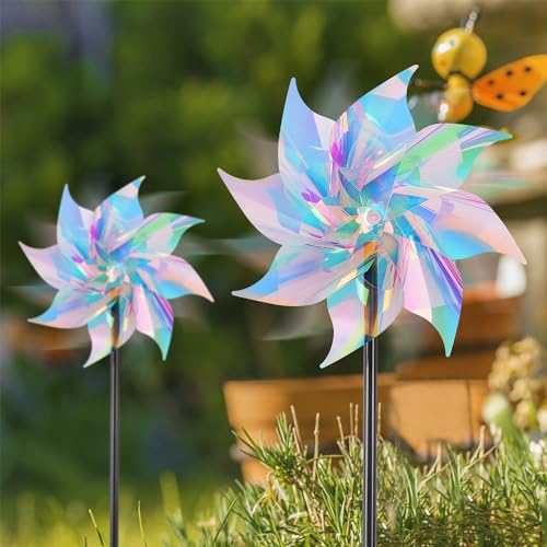 Hausse 10 Pack Reflective Pinwheels Wind Spinner (Assembly Required), Sparkly Pinwheel with Stakes, Bird Repellent Blinder Devices Scare Birds Away from Yard Patio Farm Garden, Transparent Rainbow - color: Transparent Rainbow