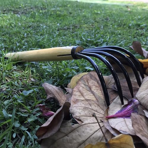 Garden Rake, 15 Inch Steel Tine Rake with Solid Wood Handle