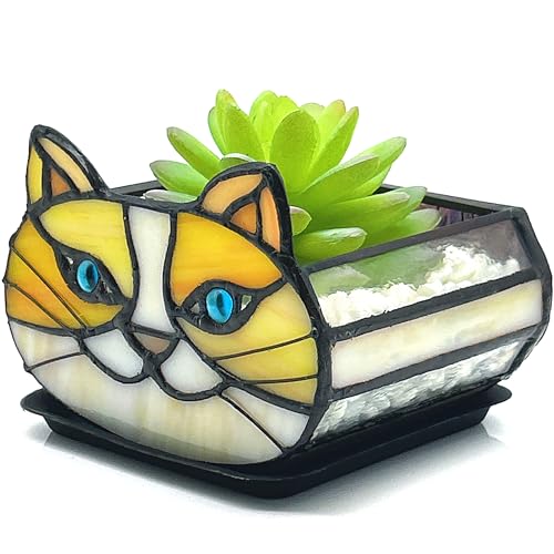 Stained Glass Yellow Cat Flower Pot,Small Succulent Planter for Indoor Plants,Cat Plant Decoration for Windowsill 4.33x3.54x2.95 in（Excluding Plants） - color: Little Yellow Cat