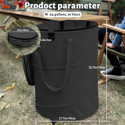 Pop up Camping Trash can with lid,Collapsible 24 Gallons Trash can with Sorting Clips,Garden Garbage Bag with Lid,Lawn and Leaf Bags - Reusable Yard Waste Bags (Black) - color: Black