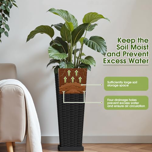 Devoko Resin 23.6'' Tall Planters, Large Taper Outdoor Planter - color: Black, size: 23.6" With Trays