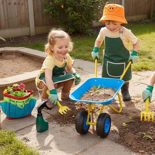 Kids Metal Wheelbarrow Outdoor Toys with 12 PCS Gardening Tool(Blue Set) - color: Blue Set