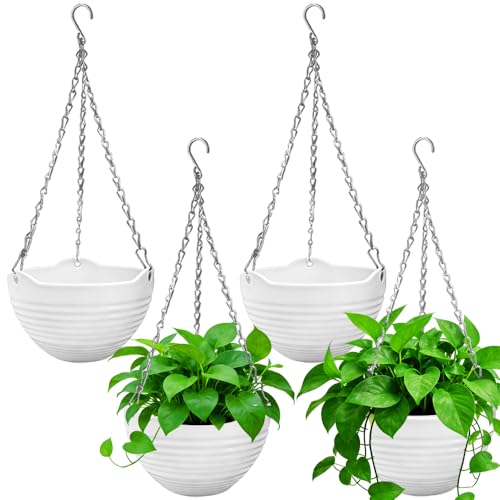 4 Pack 8 inch Hanging Planter Pots,Self-Watering Round Hanging Basket with Water Tray Metal Chain,Succulent Flower Plant Pot Container for Indoor Outdoor Garden Balcony Wall Decor,White - color: White, size: 8 inches diameter x 4.9 inches height