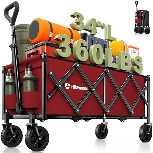 HIKEMOON 34'' Extra Long Folding Portable Wagon Cart, 120L 360LBS Red - color: Burgundy