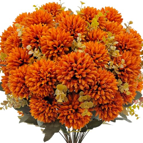 6 Bundles Artificial Mums for Outdoors UV Resistant Fake Fall Flowers for Outdoor Realistic Fall Mums with Eucalyptus Leaves for Planter Front Porch Window Box Patio Garden Autumn Thanksgiving Decor - color: Brown