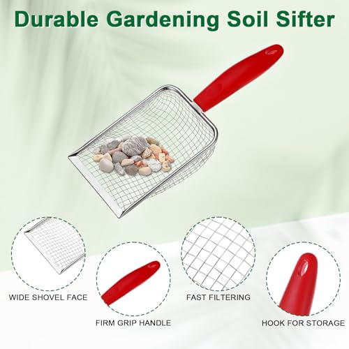 M METERXITY 2-Pack Gardening Soil Sifter, 5, 2 mm Mesh Stainless Steel Portable Gardening Sifter with Plastic Handle for Sand/Dirt/Rock Compost [White, Red] - color: White, Red, size: 5.0X5.0mm,2x2mm