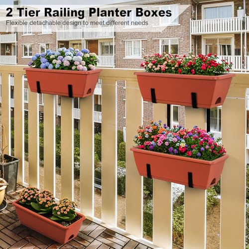 Railing Planter Box Set of 2, 4 Pack Brick Red Window Boxes Planters - color: Brick Red