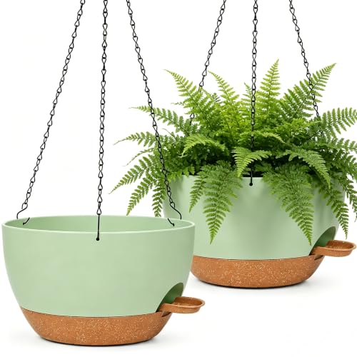 12" Self Watering Hanging Planters with Chains, Green Brown，2 Pack - color: Green Brown, size: 2 pack 12 inches