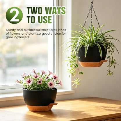 8 Inch Self Watering Hanging Planters Set of 3 with Saucers - color: Black Brown, size: 8 Inch 3 Pack